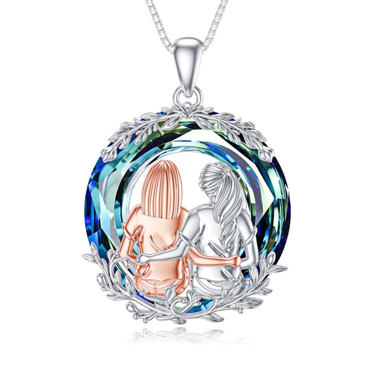 Friendship Necklace for 2 Sister Sit and Hug Pendent Sterling Silver with Circle Blue Crystal Best Friend Birthday Anniversary Mothers Valentines Day Gifts for Women Sister
